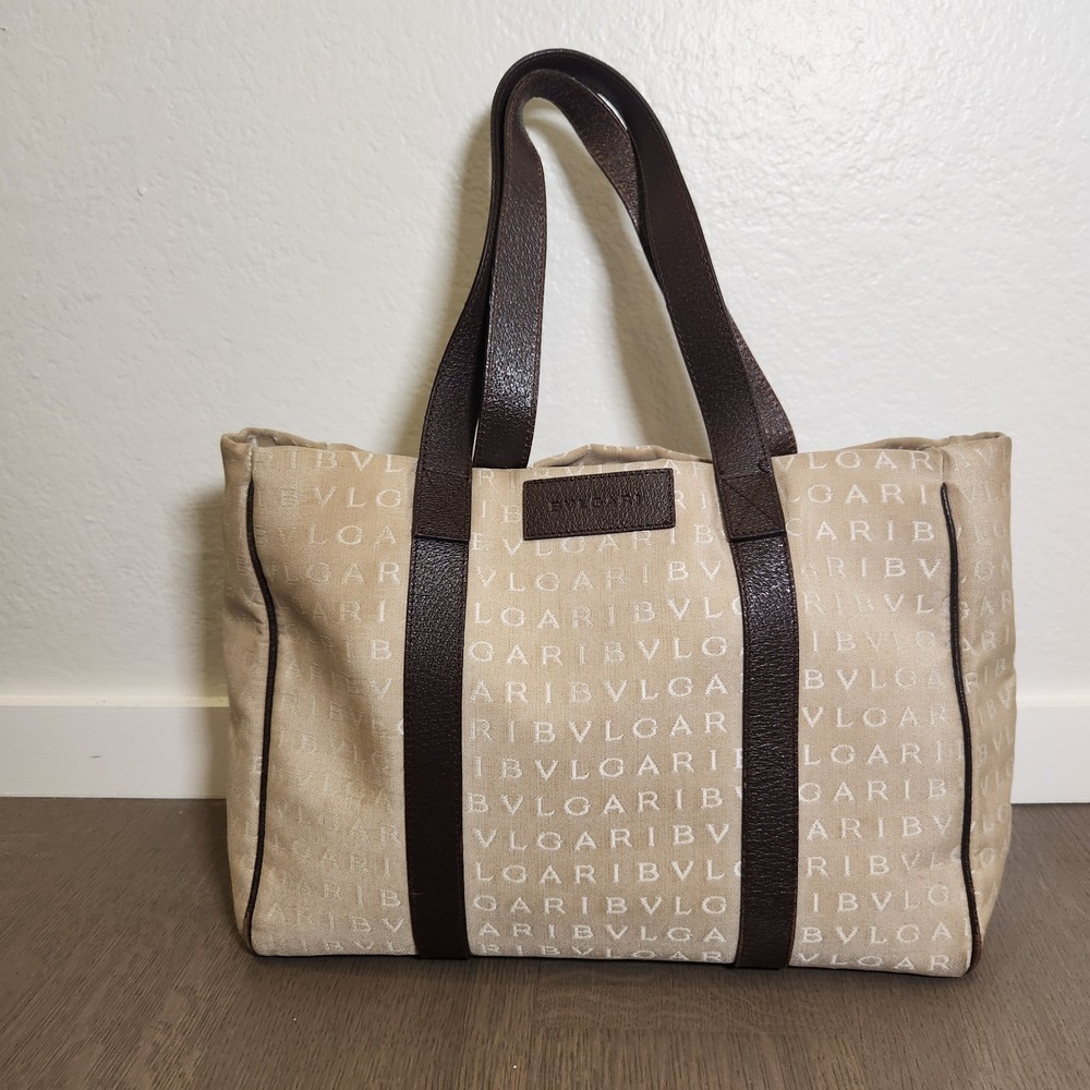 Authentic BVLGARI Logomania Canvas Leather Beige Tan Tote Bag Handbag Jacquard